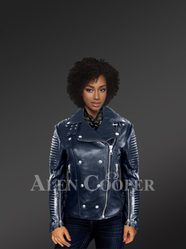 Chic navy motorcycle leather jacket for women with model