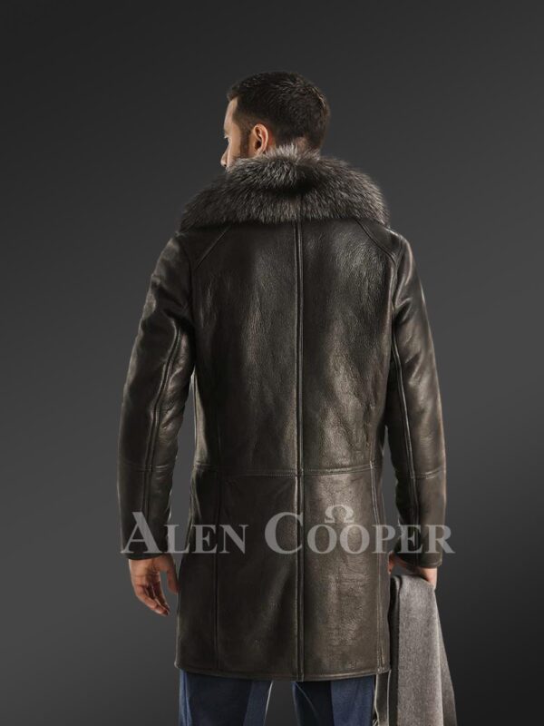 Classic cut shearling coat with chic merino fur collar for stylish men back side view