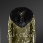 Classy and feminine olive moto jacket for women with detachable Finn raccoon fur collar