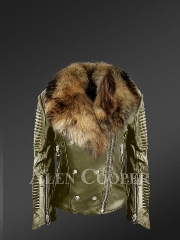 Classy and feminine olive moto jacket for women with detachable Finn raccoon fur collar and frontline