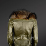 Classy and feminine olive moto jacket for women with detachable Finn raccoon fur collar and frontline back side view