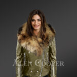Classy and feminine olive moto jacket for women with detachable Finn raccoon fur collar and frontline new