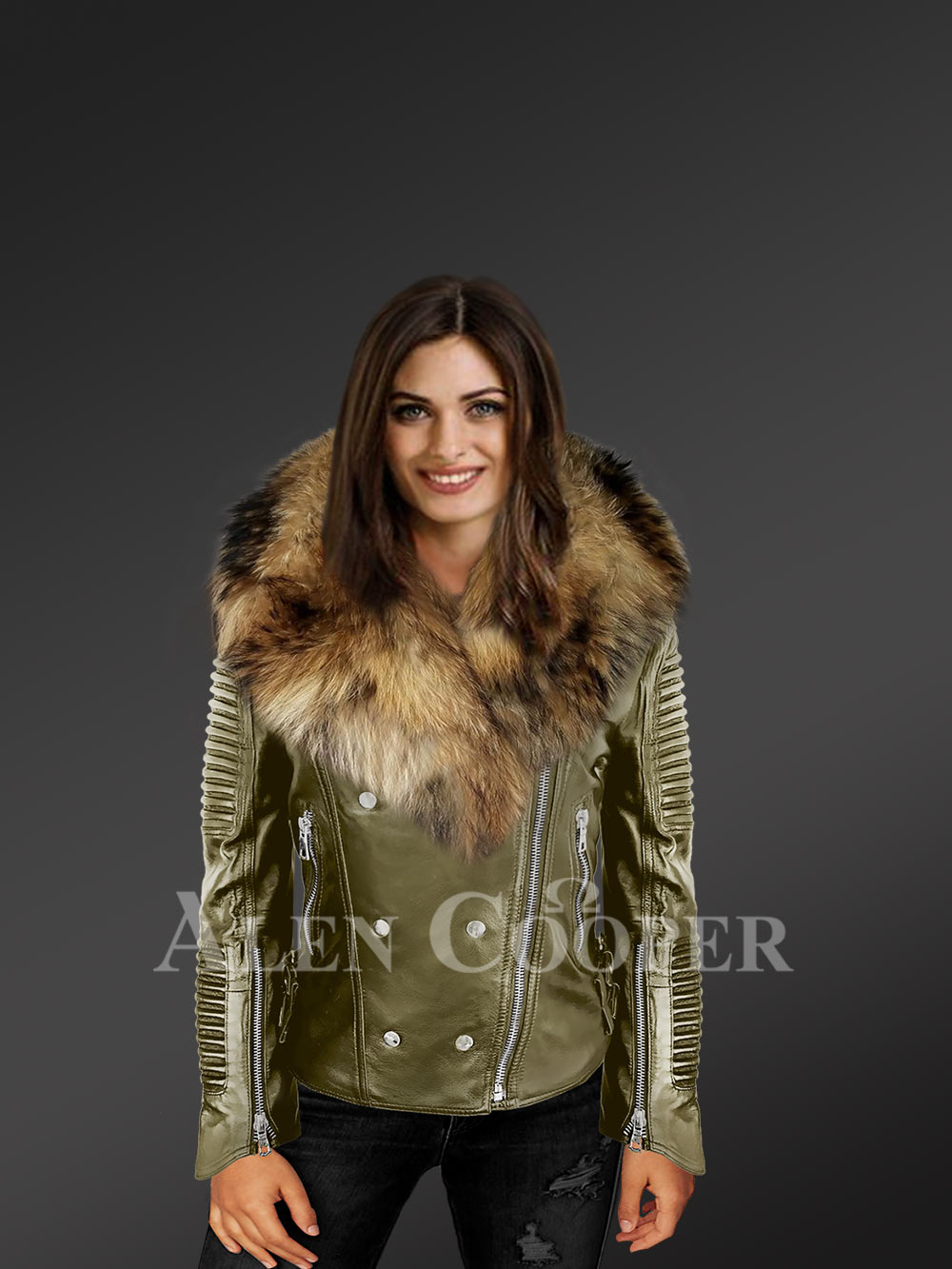 OLIVE MOTO JACKET FOR WOMEN WITH DETACHABLE FINN RACCOON FUR COLLAR