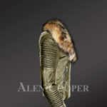 Classy and feminine olive moto jacket for women with detachable Finn raccoon fur collar and frontline side view