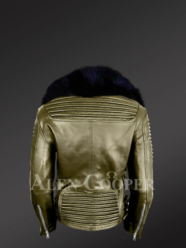 Classy and feminine olive moto jacket for women with detachable Finn raccoon fur collar back side view