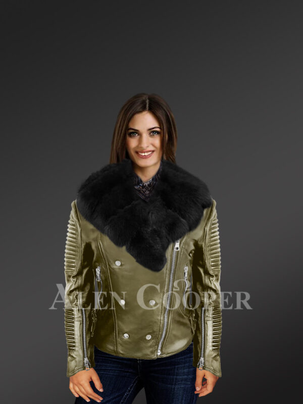 Classy and feminine olive moto jacket for women with detachable Finn raccoon fur collar with model new
