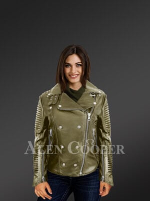 Classy and feminine olive moto jacket for women with model