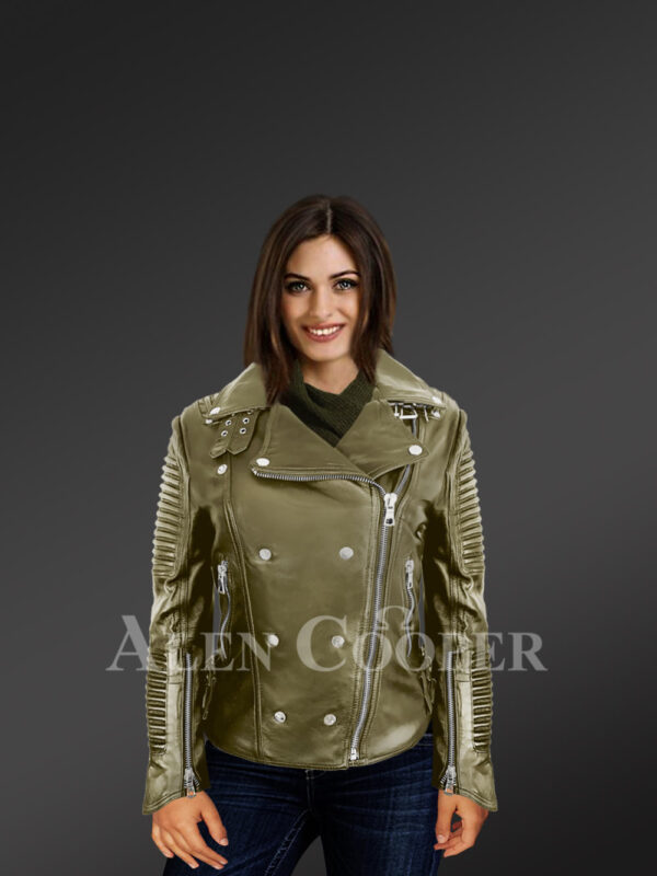 Classy and feminine olive moto jacket for women with model