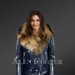 Exotic navy Moto Leather Jackets for women with detachable Raccoon fur collar new
