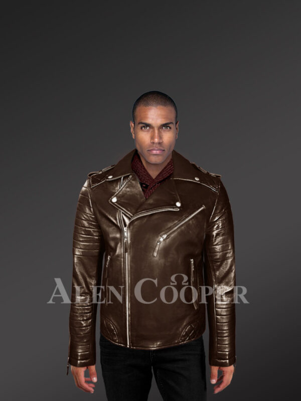 Italian-Finish Leather Biker Jackets For Stylish And Trendy Men In Coffee Color With Model