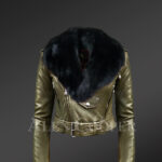 Olive Moto jackets for women with black fox fur paragraph detachable collar