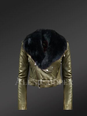 Olive Moto jackets for women with black fox fur paragraph detachable collar