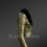 Olive Moto jackets for women with black fox fur paragraph detachable collar side view