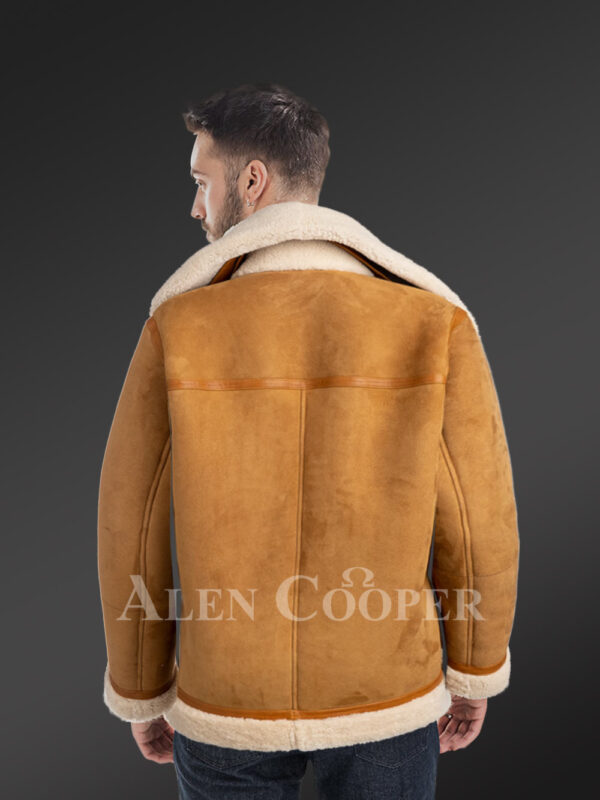 Setting fresh trends with uniquely designed pure shearling coats for stylish men back side view