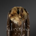 Stylish and bold womens coffee Moto jackets with detachable Finn raccoon fur collar & frontline