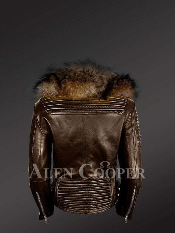 Stylish and bold women’s coffee Moto jackets with detachable Finn raccoon fur collar & frontline back side view
