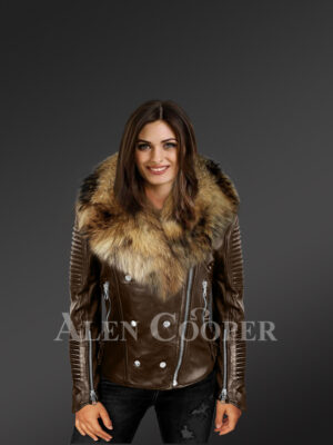 Stylish and bold women’s coffee Moto jackets with detachable Finn raccoon fur collar & frontline new