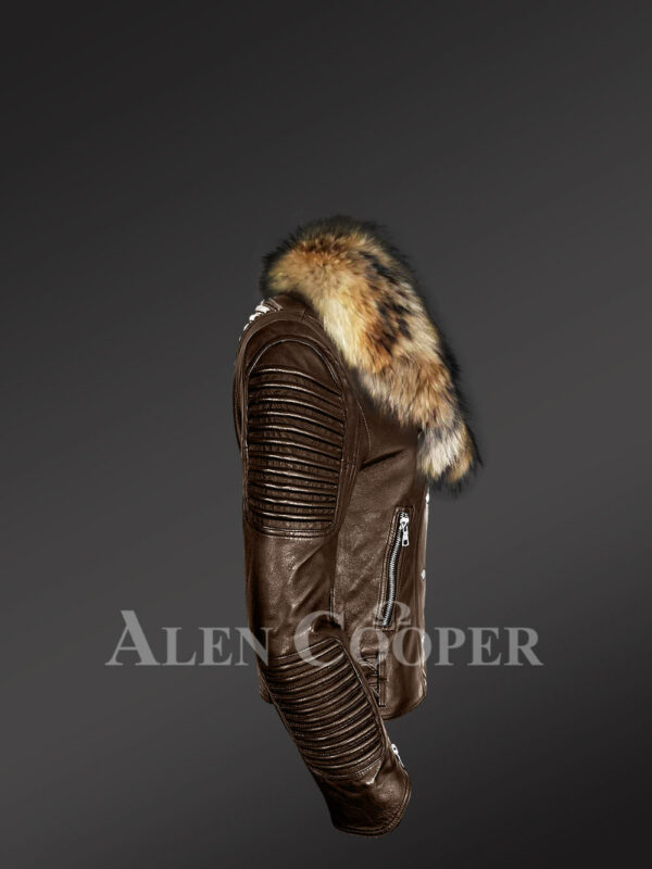 Stylish and bold women’s coffee Moto jackets with detachable Finn raccoon fur collar & frontline side view