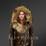Stylish and bold women’s coffee Moto jackets with detachable Finn raccoon fur collar & hood new