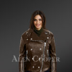 Stylish and bold women’s coffee Moto jackets with model view