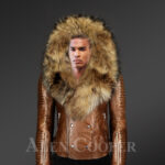Tan Biker Leather jacket with detachable Finn Raccoon fur Hood and Collar for men who dare