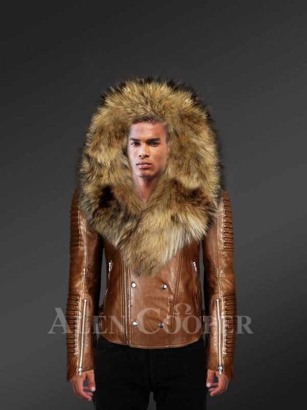 Tan Biker Leather jacket with detachable Finn Raccoon fur Hood and Collar for men who dare