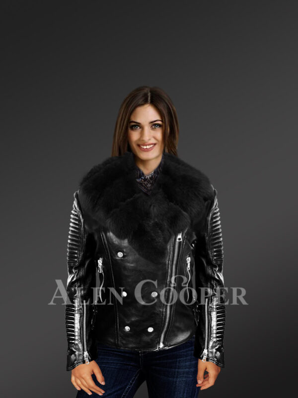 Women's Motorcycle Biker Jacket with Detachable Fox Fur Collar And Piped Sleeves in Black new views