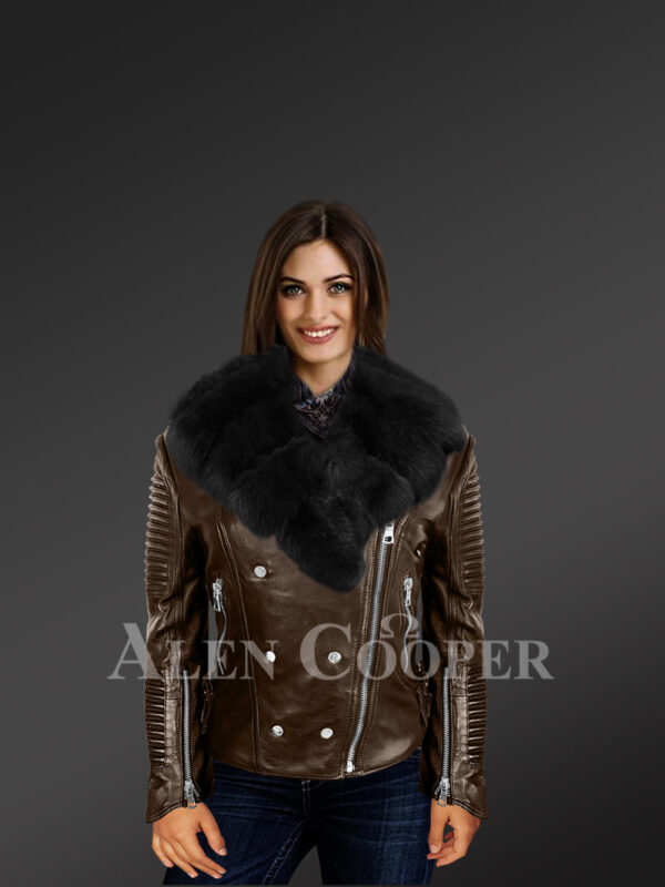 Women’s plush coffee biker leather jacket decked with black fox fur collar With Model