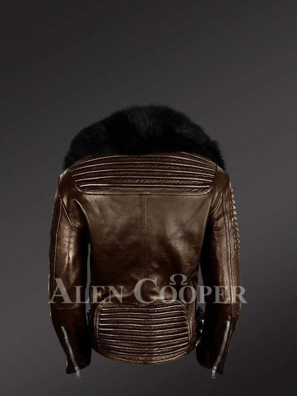 Women’s plush coffee biker leather jacket decked with black fox fur collar back side view