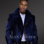 Men’s navy blue biker-style shearling to boost their looks and confidence