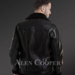 Stylish mid-length shearling coats for men with merino fur lining back side view