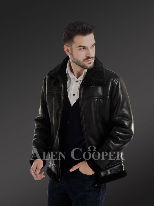 Stylish mid-length shearling coats for men with merino fur lining side view