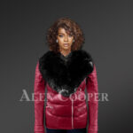 Unbeatably chic wine Moto Jacket for stylish women with detachable fox Fur collar