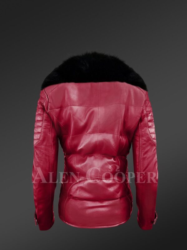 Unbeatably chic wine Moto Jacket for stylish women with detachable fox Fur collar sie view back side view