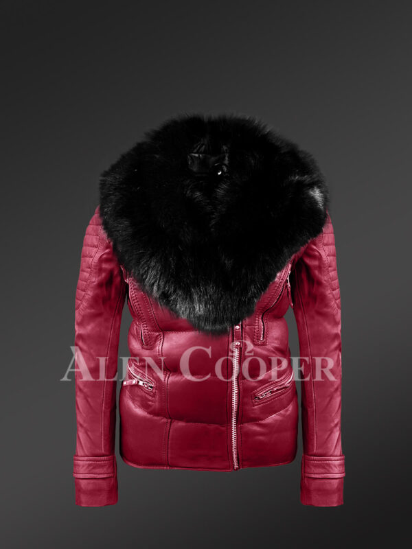 Unbeatably chic wine Moto Jacket for stylish womens with detachable fox Fur collar