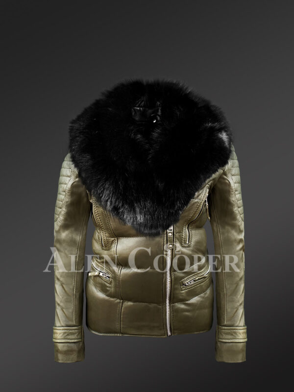 Womens extremely stylish and elegant olive Moto Jacket with detachable fox fur collar