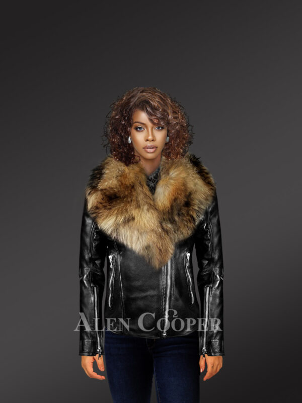 Women’s chic black Moto jacket with zip-out removable fox fur collar