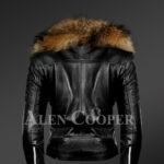 Women’s chic black Moto jacket with zip-out removable fox fur collar back side view