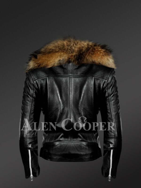 Women’s chic black Moto jacket with zip-out removable fox fur collar back side view