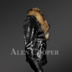 Women’s chic black Moto jacket with zip-out removable fox fur collar side view