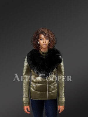 Women’s extremely stylish and elegant olive Moto Jacket with detachable fox fur collar