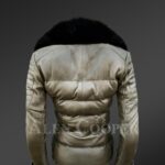 Women’s extremely stylish and elegant olive Moto Jacket with detachable fox fur collar Back side view