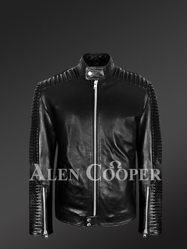 Black and long aura-building pure leather jacket for men