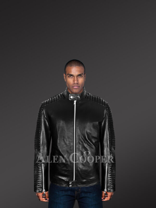 Black and long aura-building pure leather jacket for men With Model