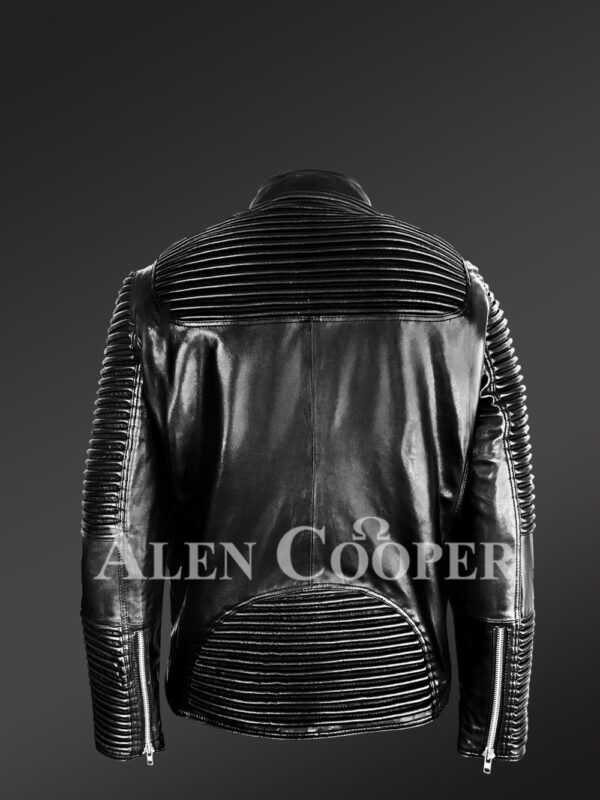 Black and long aura-building pure leather jacket for men back side view