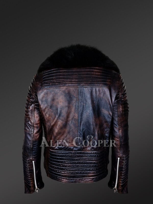 Chic and stylish men’s leather jackets in Coffee with pure Fox Fur collar back side view