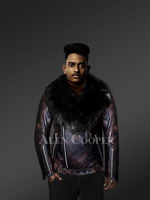Chic and stylish men’s leather jackets in Coffee with pure Fox Fur collar with Model