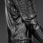 Chic authentic leather jacket with belt for stylish men's with model close sideview