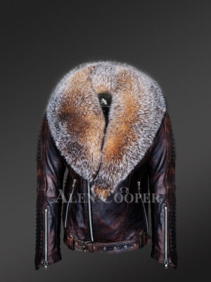 Coffee leather jacket with Crystal fox fur collar for men new