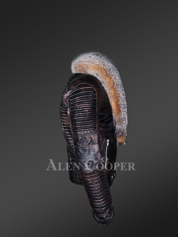 Coffee leather jacket with Crystal fox fur collar for men side view